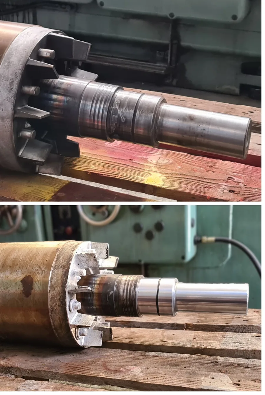 Maschinenbauteil vor und nach der Präzisionsaufarbeitung